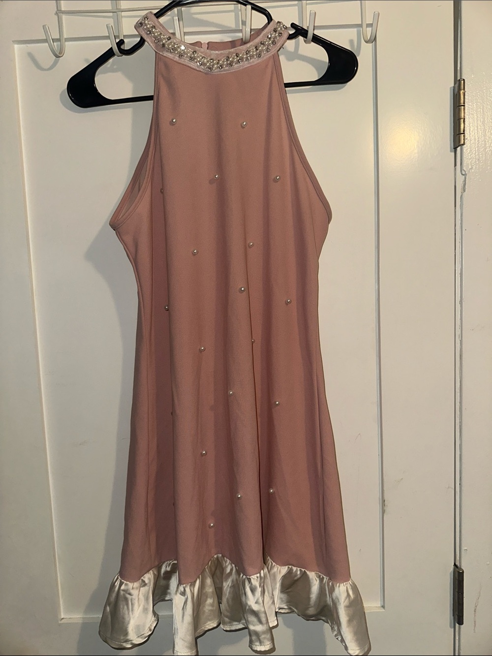 SHEIN Dusty Pink Beaded Halter Dress with Satin Trim